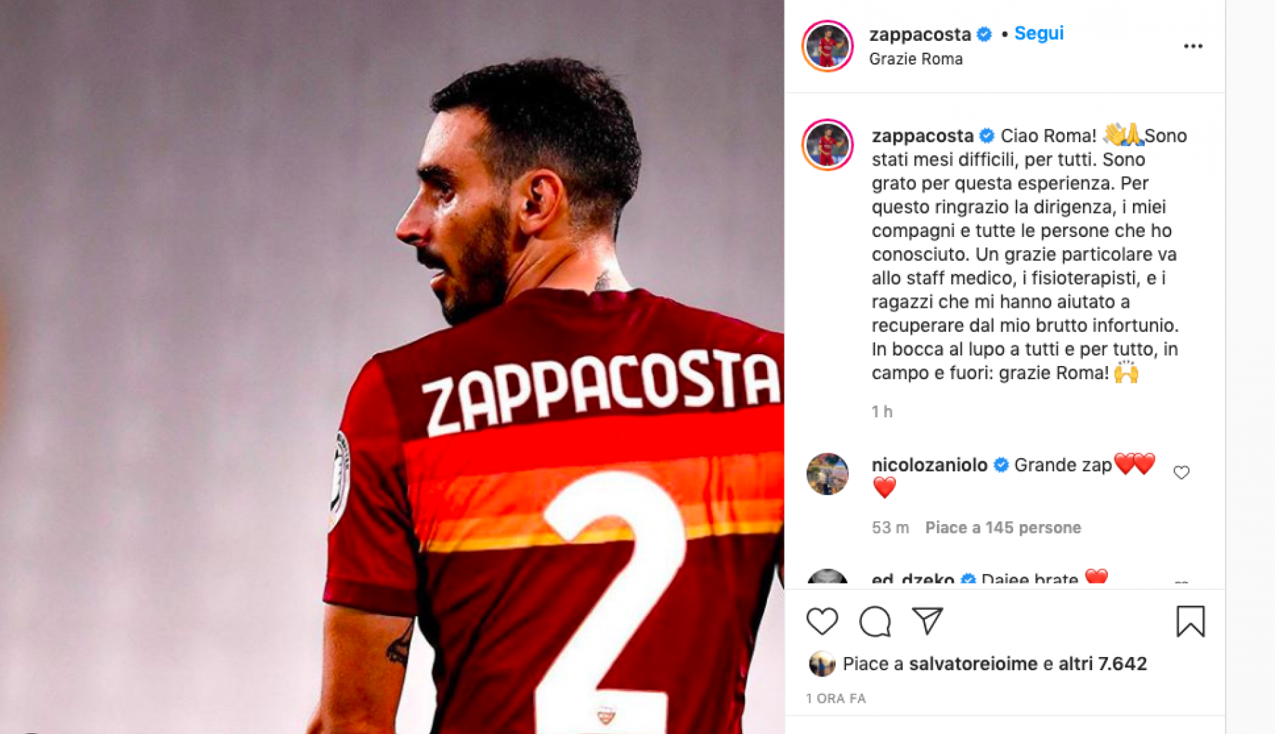 Zappacosta saluta Roma Instagram