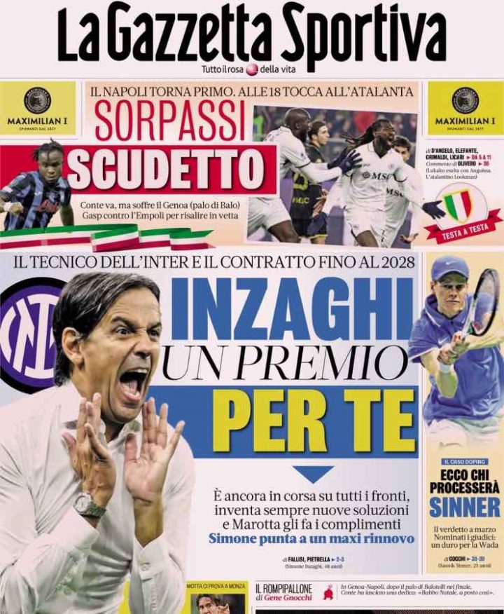 Prima pagina della Gazzetta dello Sport del 22 dicembre 2024