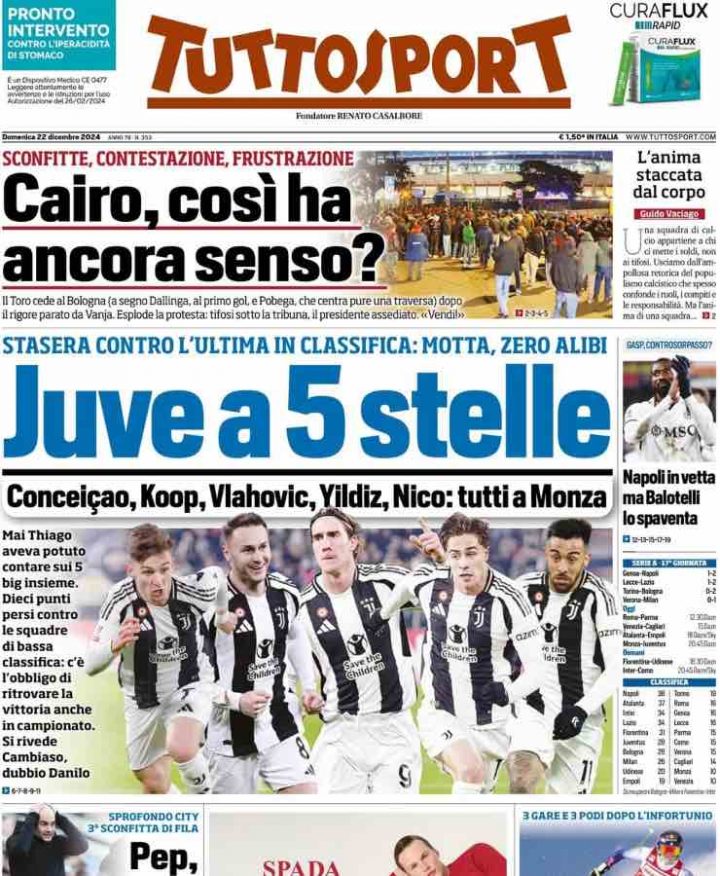 La prima pagina di Tuttosport del 22 dicembre 2024