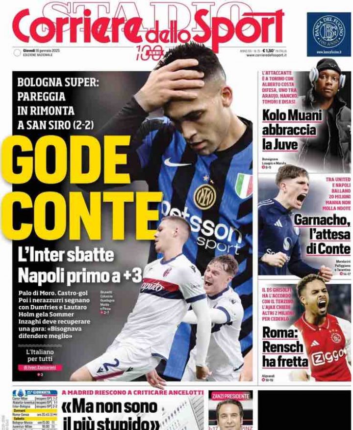 La prima pagina del Corriere dello Sport di giovedì 16 gennaio 2025