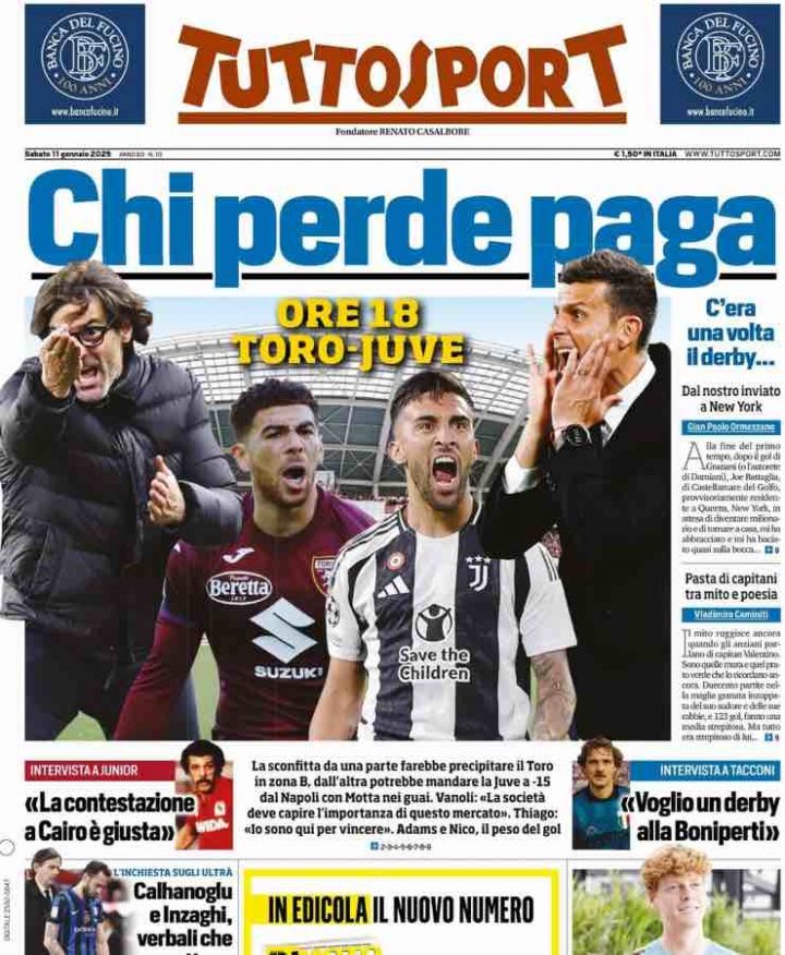 La prima pagina di Tuttosport di sabato 11 gennaio 2025