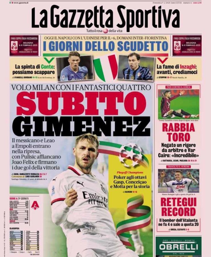 Gazzetta dello Sport, 9 febbraio 2025 interna