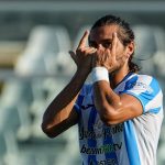 Di Nardo esulta dopo il gol segnato col Pescara, il primo in Serie B