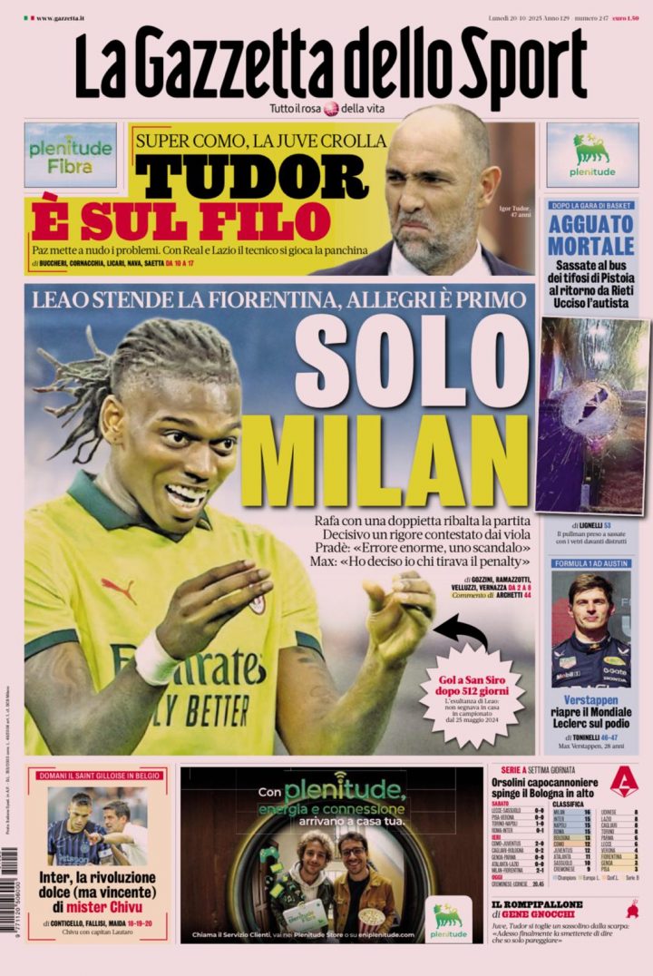 La Gazzetta dello Sport, 20 ottobre 2025