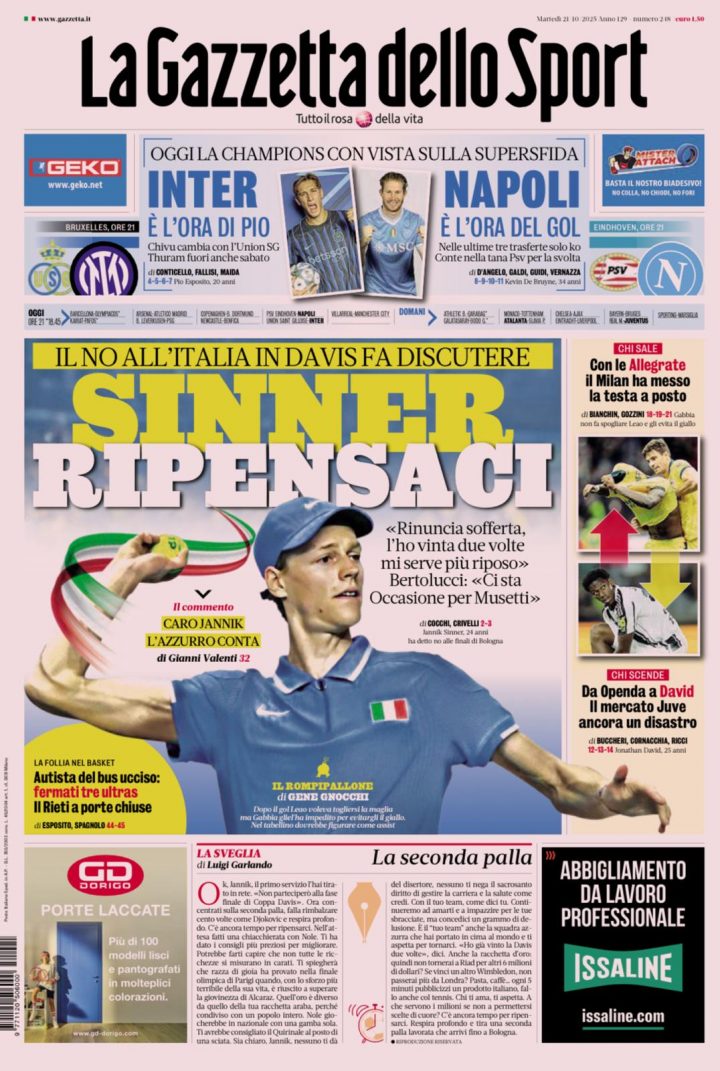 La Gazzetta dello Sport di martedì 21 ottobre