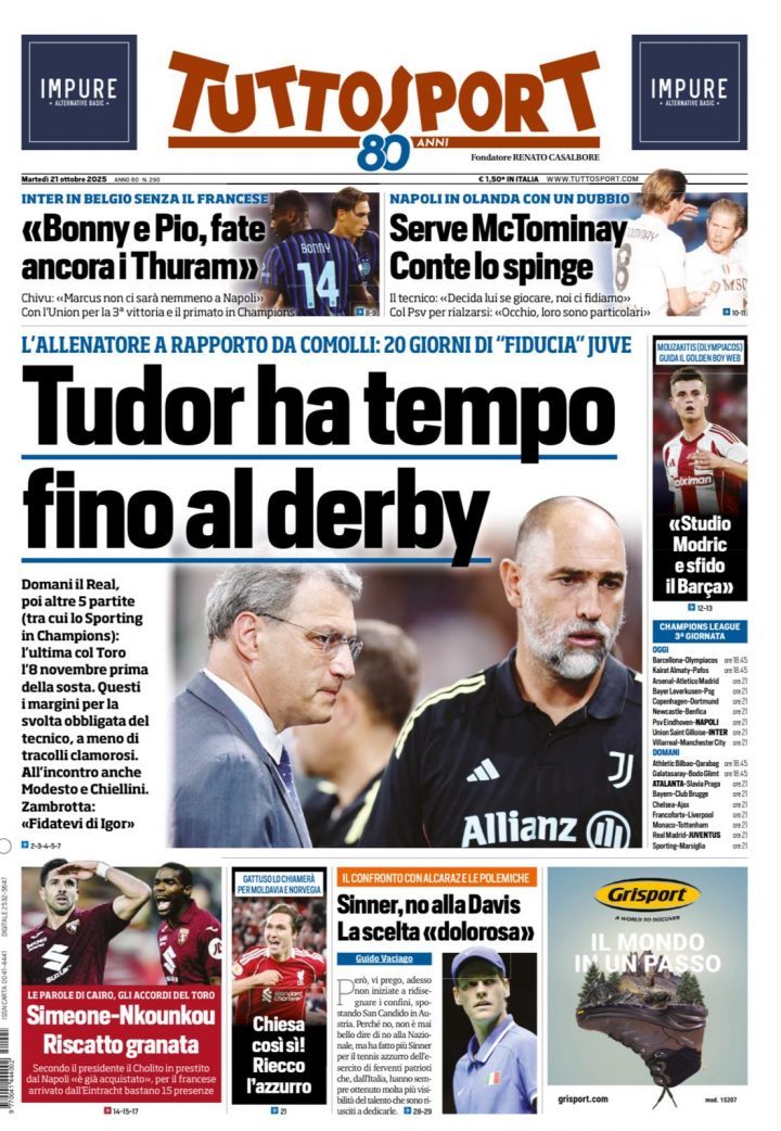 Tuttosport, martedì 21 ottobre 