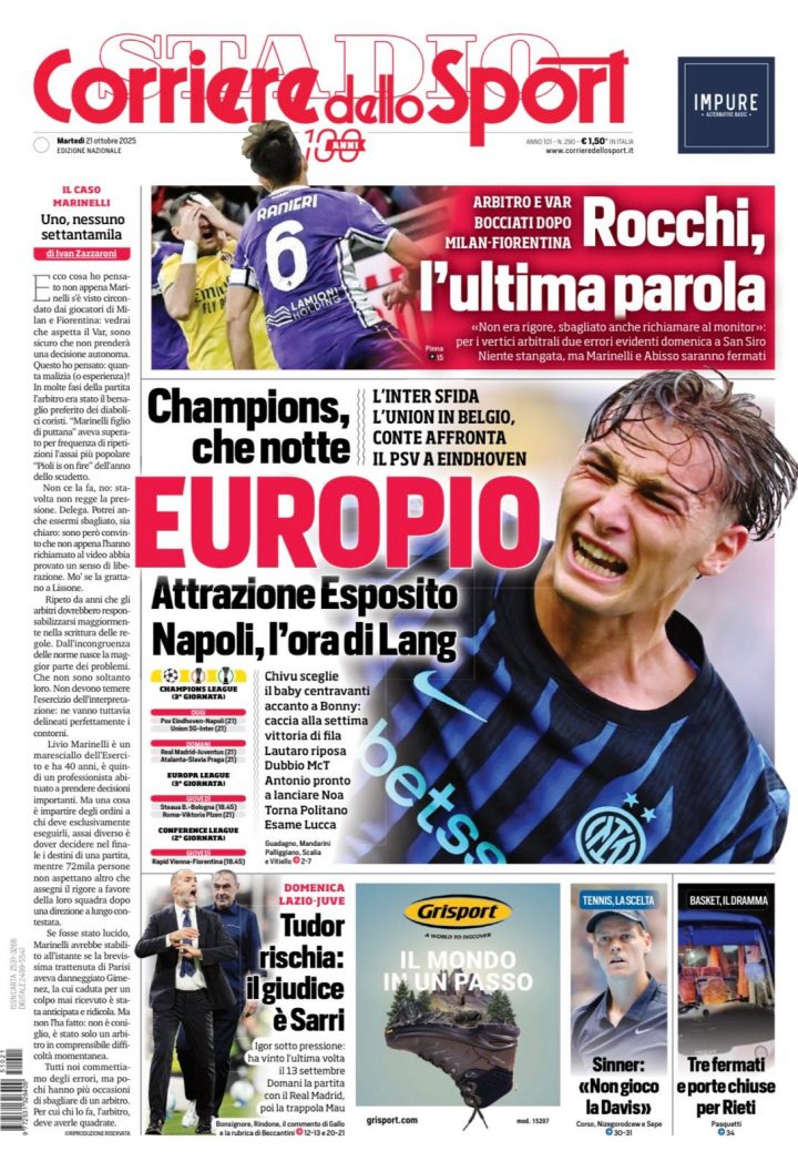 Il Corriere dello Sport, martedì 21 ottobre