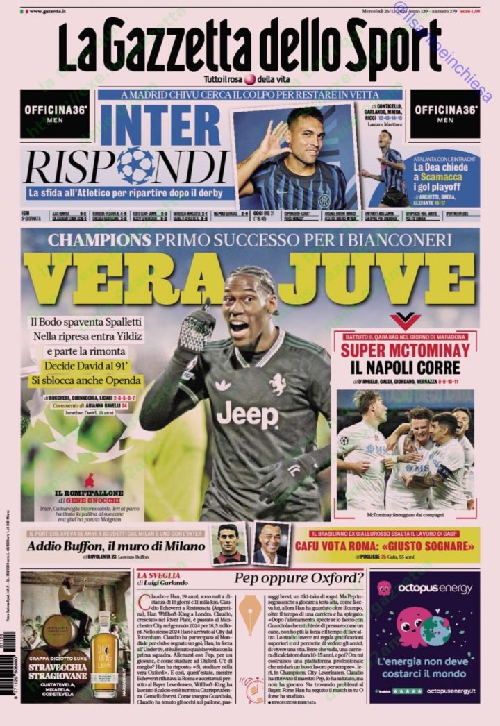 La Gazzetta dello Sport, mercoledì 26 novembre 2025