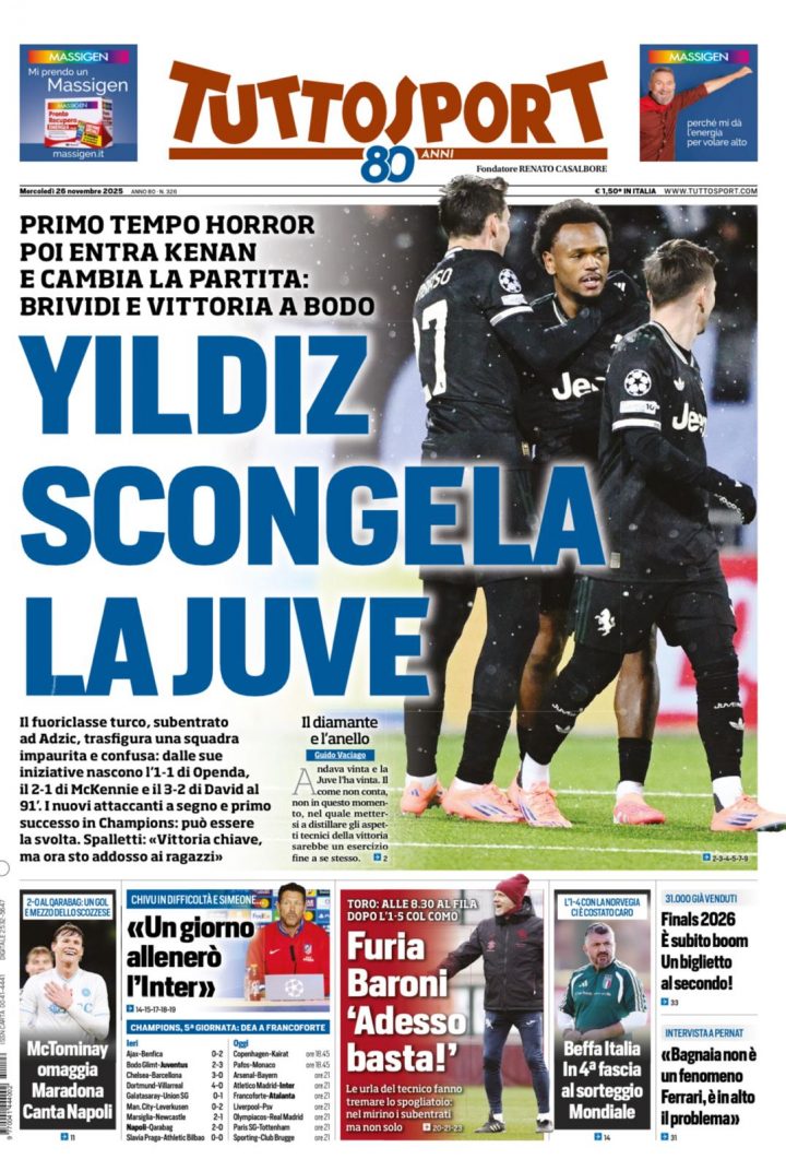 Tuttosport, mercoledì 26 novembre 2025