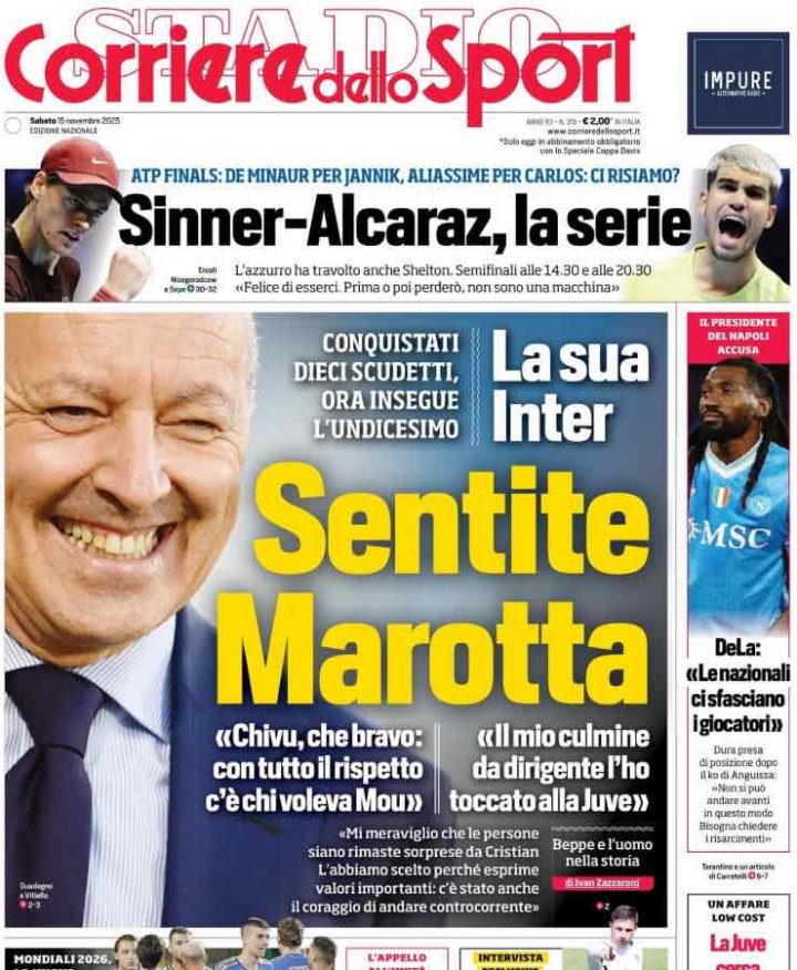 Prima pagina del Corriere dello Sport del 15 novembre