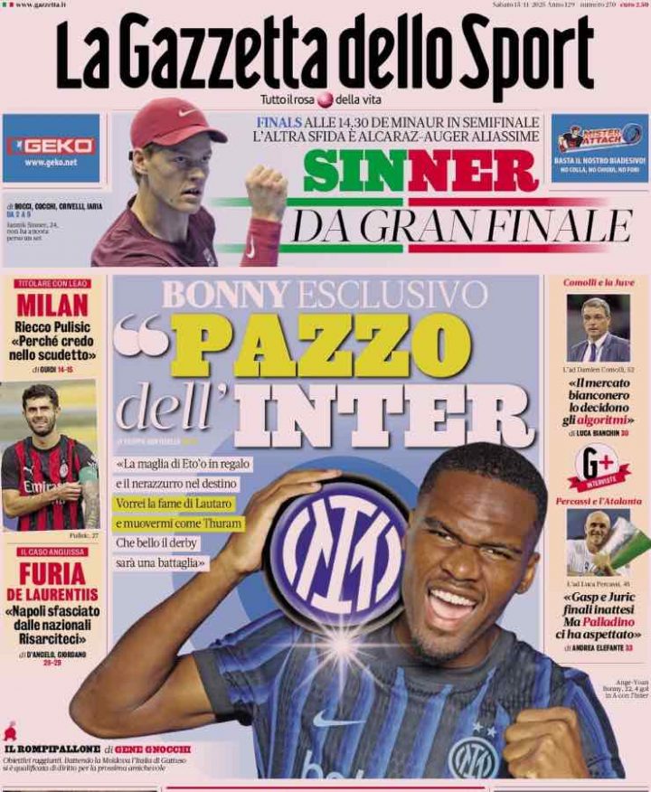 La prima pagina della Gazzetta dello Sport del 15 novembre 2025