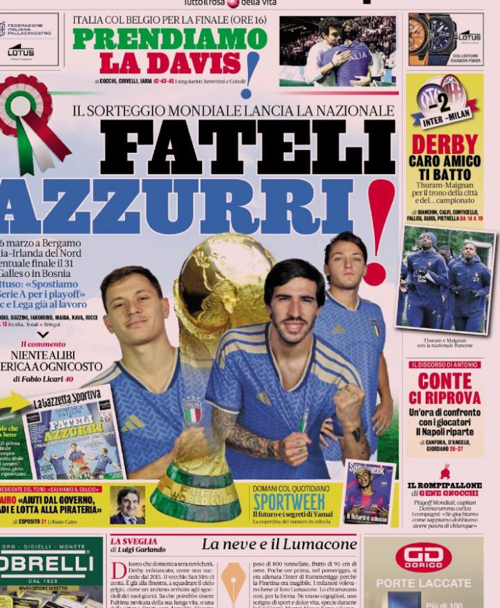La prima pagina de La Gazzetta dello Sport del 21 novembre 2025