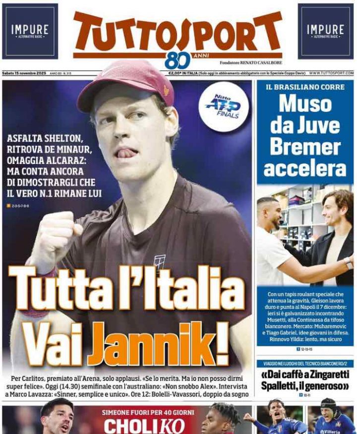 Prima pagina di Tuttosport del 15 novembre