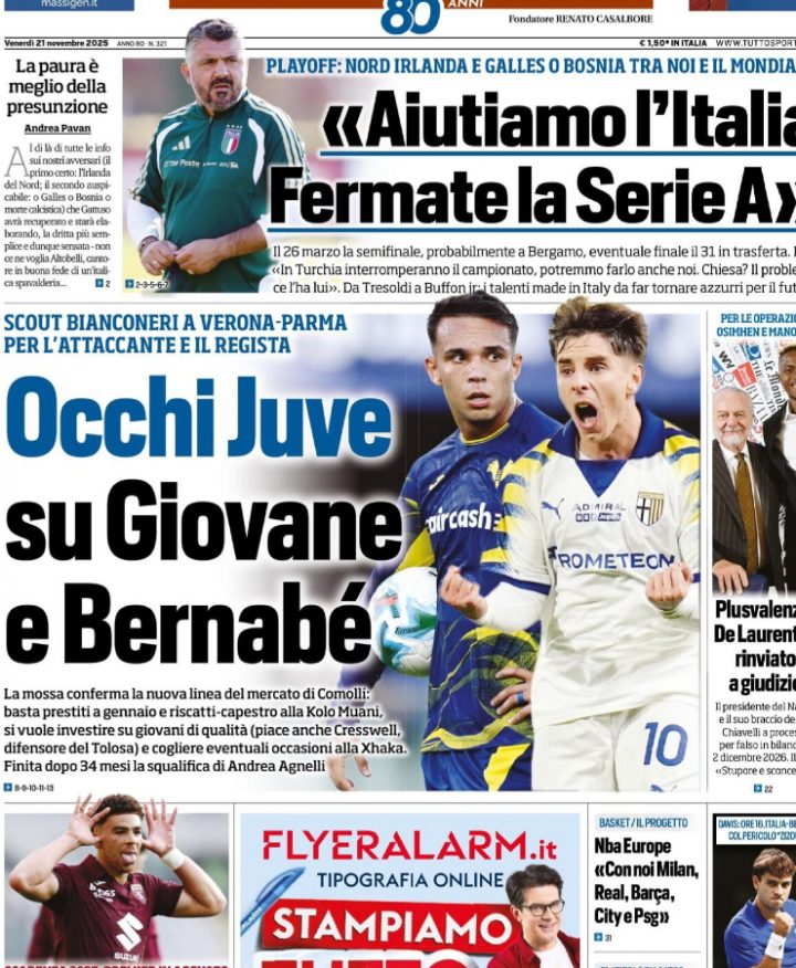 La prima pagina di Tuttosport del 21 novembre 2025
