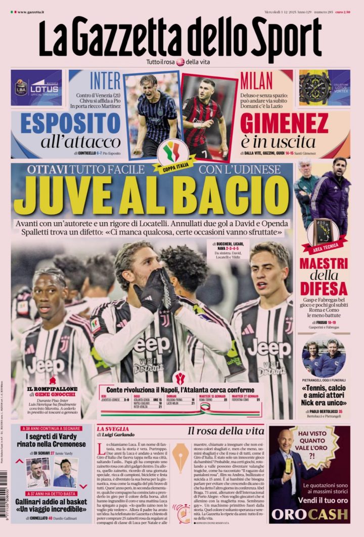 La Gazzetta dello Sport, mercoledì 3 dicembre 2025