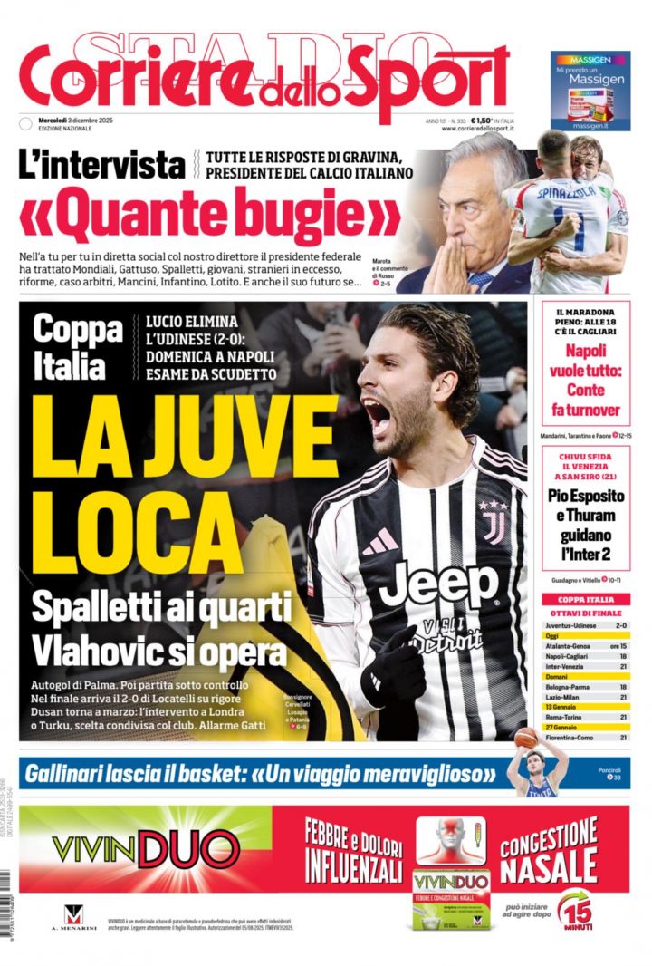 Corriere dello Sport, mercoledì 3 dicembre 2025