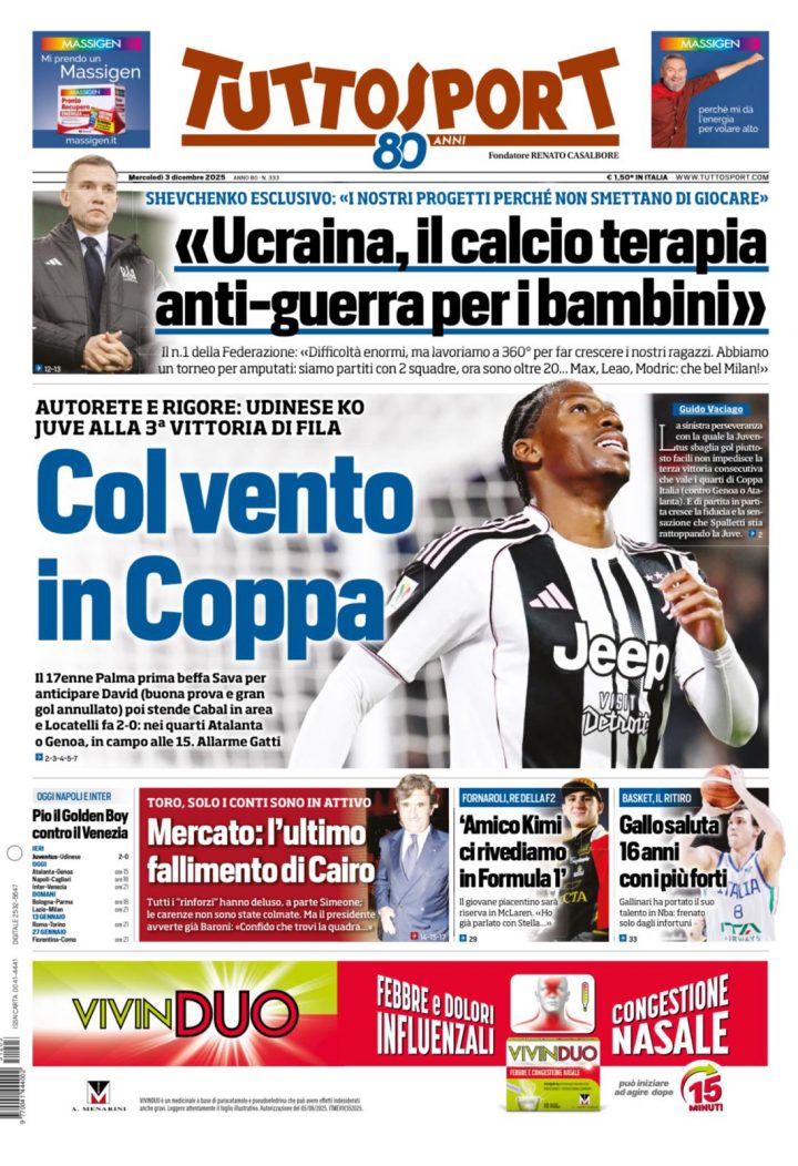 TuttoSport, mercoledì 3 dicembre 2025
