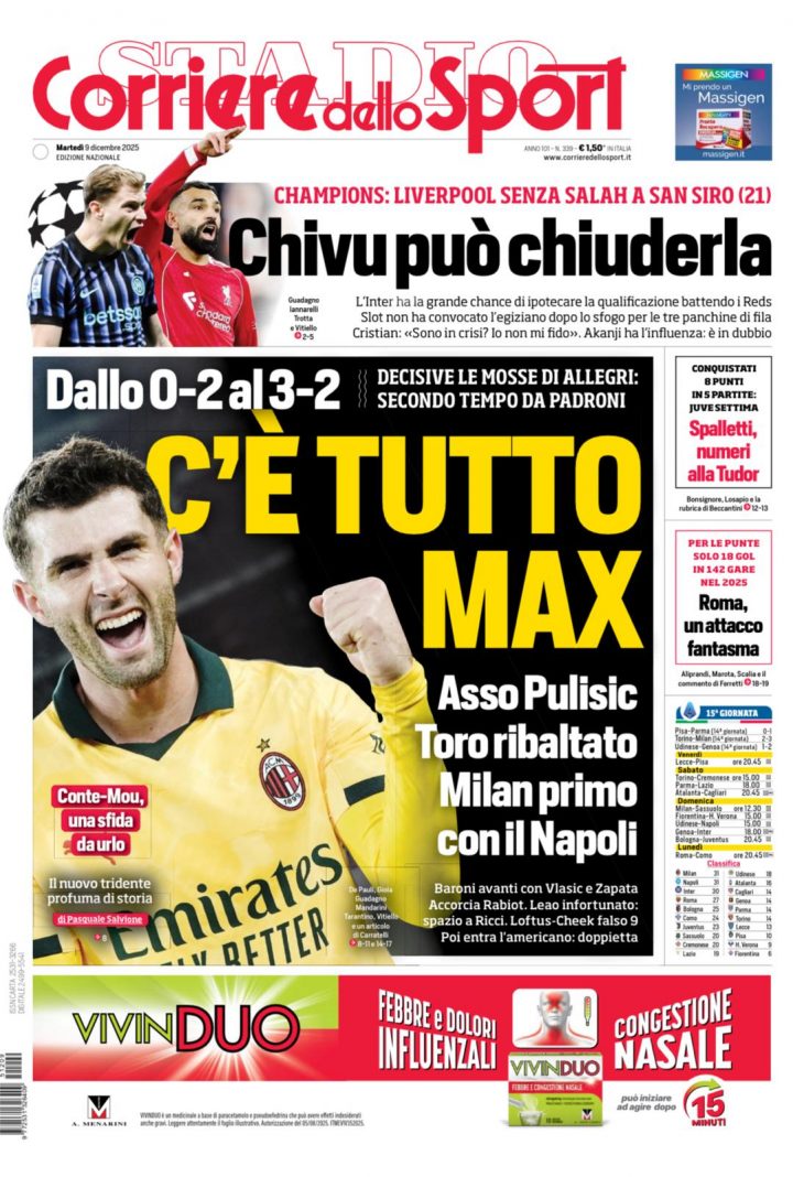 Corriere dello Sport, martedì 9 dicembre