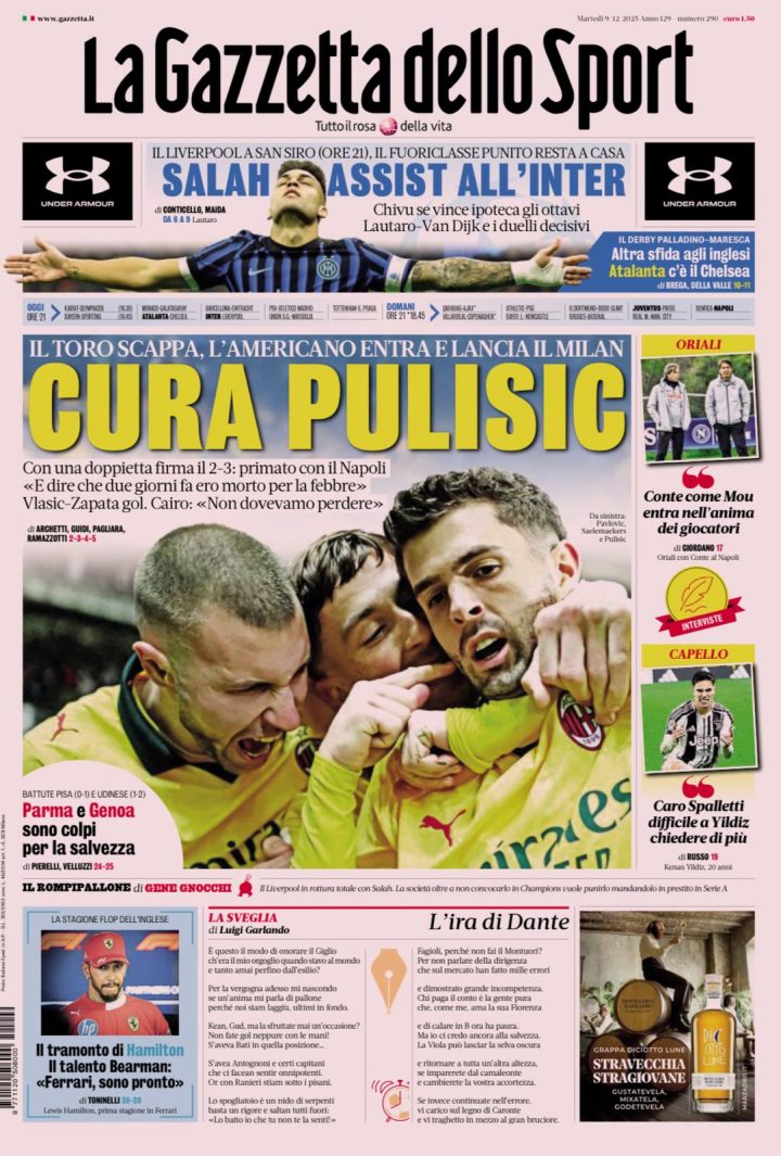 La Gazzetta dello Sport, martedì 9 dicembre