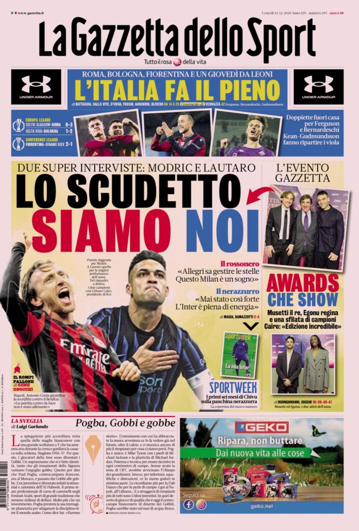 La Gazzetta dello Sport, venerdì 12 dicembre
