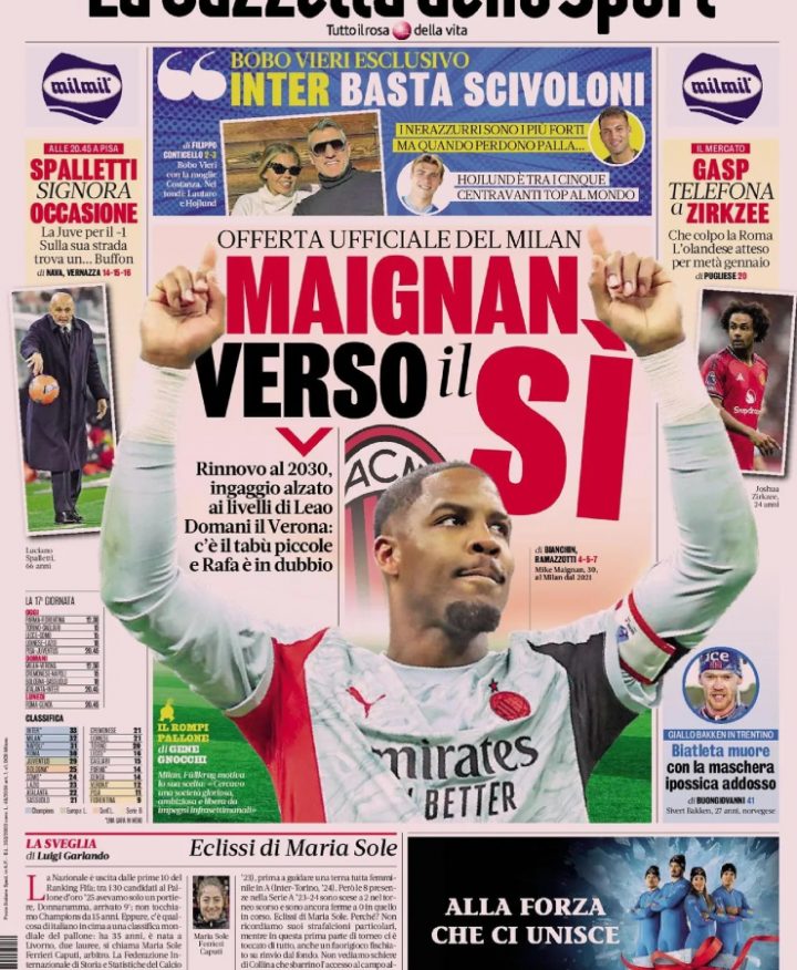 La prima pagina de La Gazzetta dello Sport di oggi sabato 27 dicembre 2025
