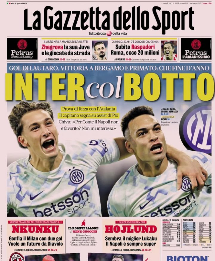 La Gazzetta dello Sport, 29 dicembre 2025