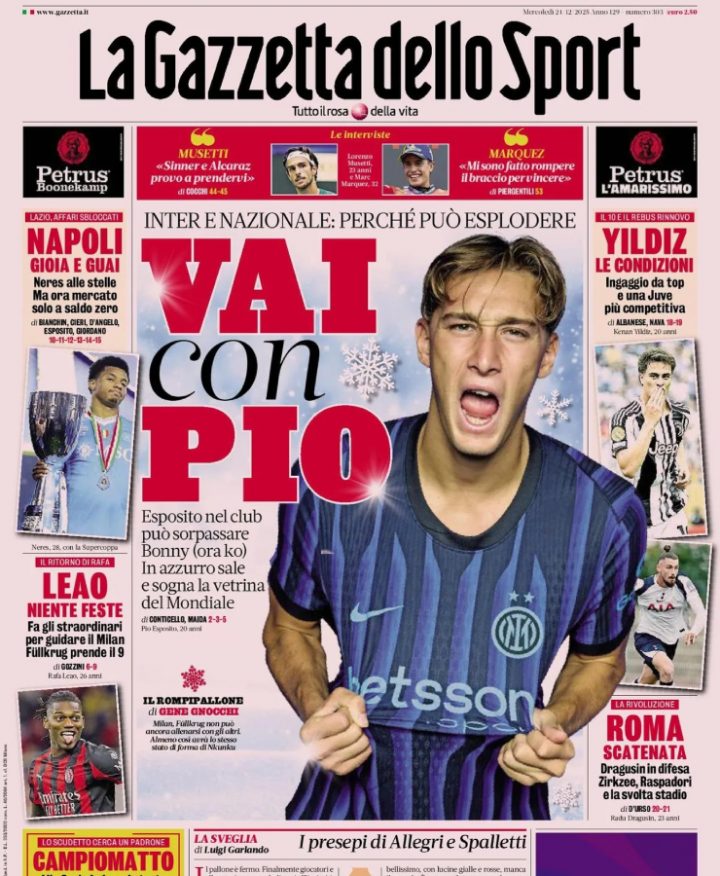 La prima pagina de La Gazzetta dello Sport del 24 dicembre 2025