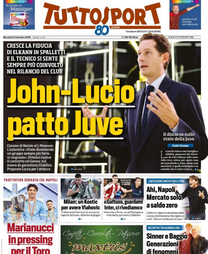 La prima pagina di Tuttosport del 24 dicembre 2025