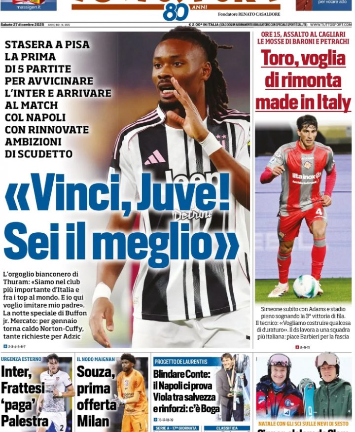 La prima pagina di Tuttosport di oggi sabato 27 dicembre 2025