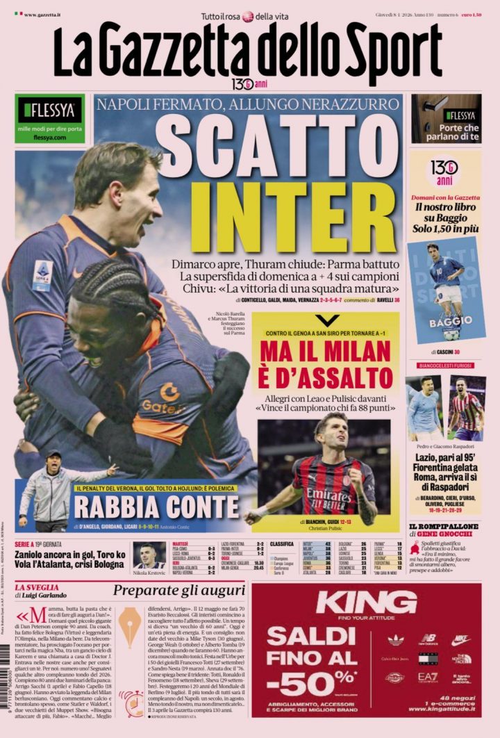 La Gazzetta dello Sport, giovedì 8 gennaio