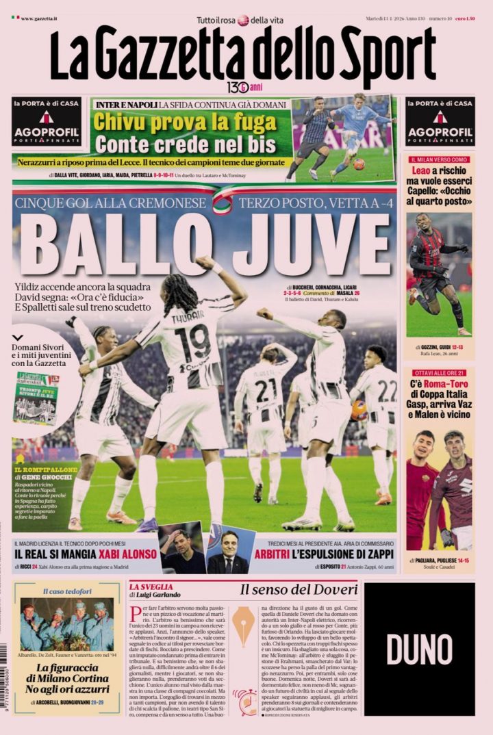 La Gazzetta dello Sport, martedì 13 gennaio