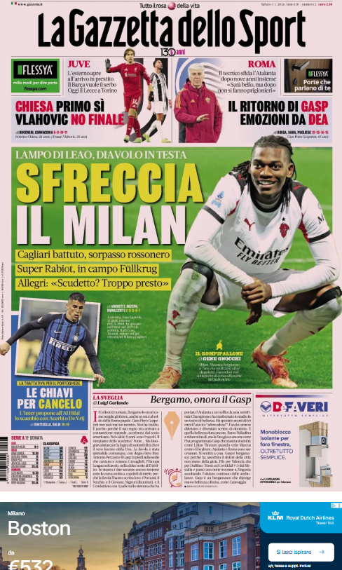 La Gazzetta dello Sport, sabato 3 gennaio
