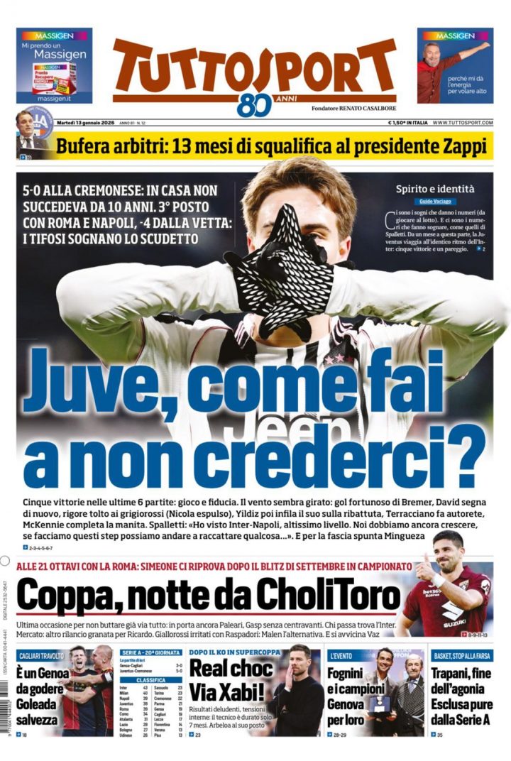 Tuttosport, martedì 13 gennaio