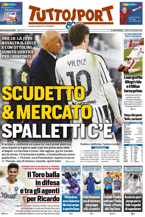 Tuttosport, sabato 3 gennaio