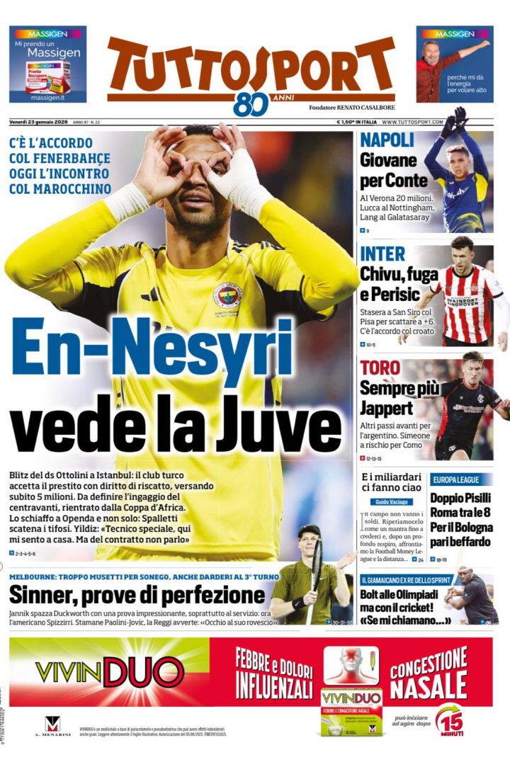 Tuttosport, venerdì 23 gennaio
