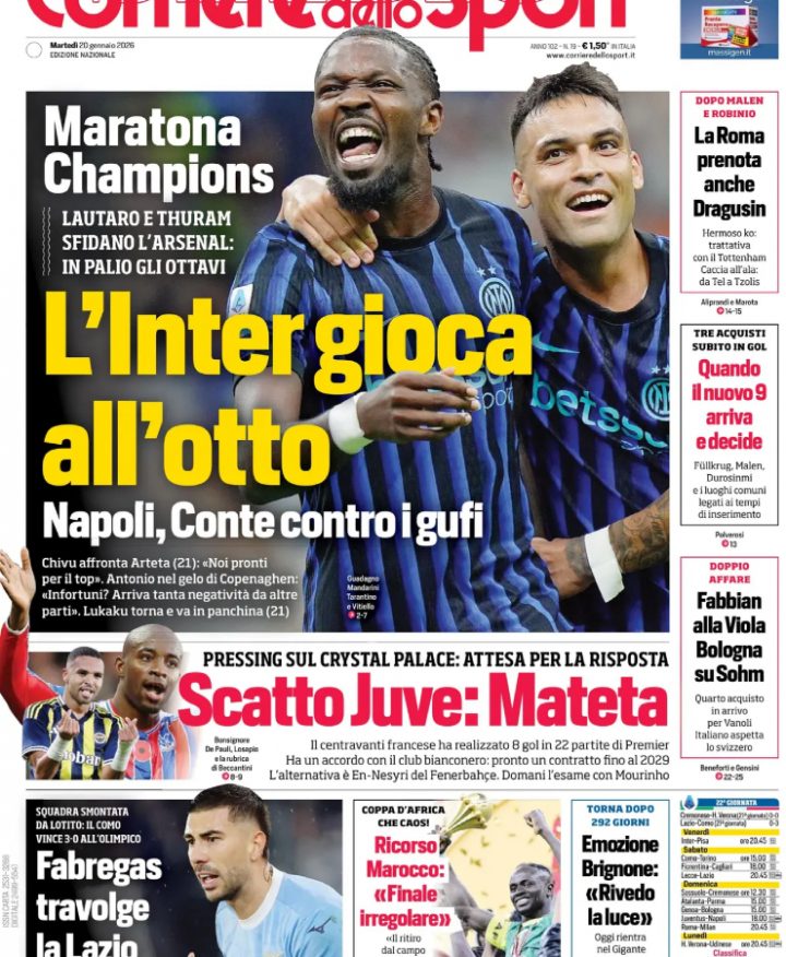 La prima pagina del Corriere dello Sport, 20 gennaio 2026