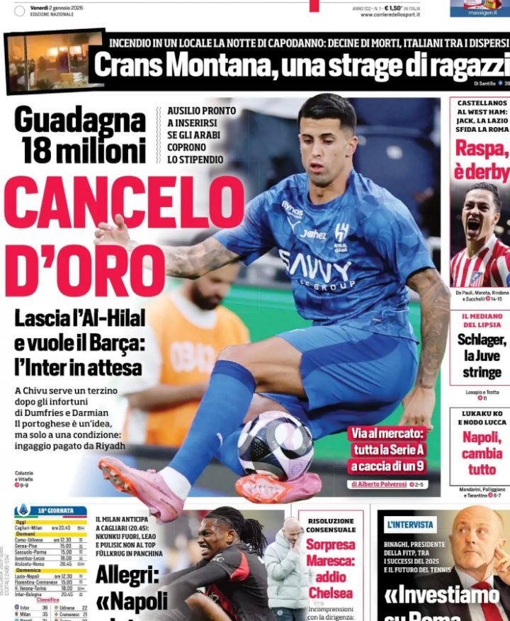 La prima pagina del Corriere dello Sport di venerdì 2 gennaio