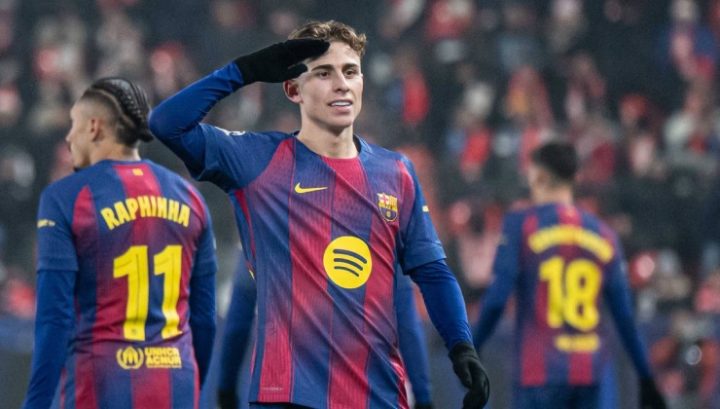 L'esultanza di Fermin nella vittoria del Barcellona in Champions (IMAGO)