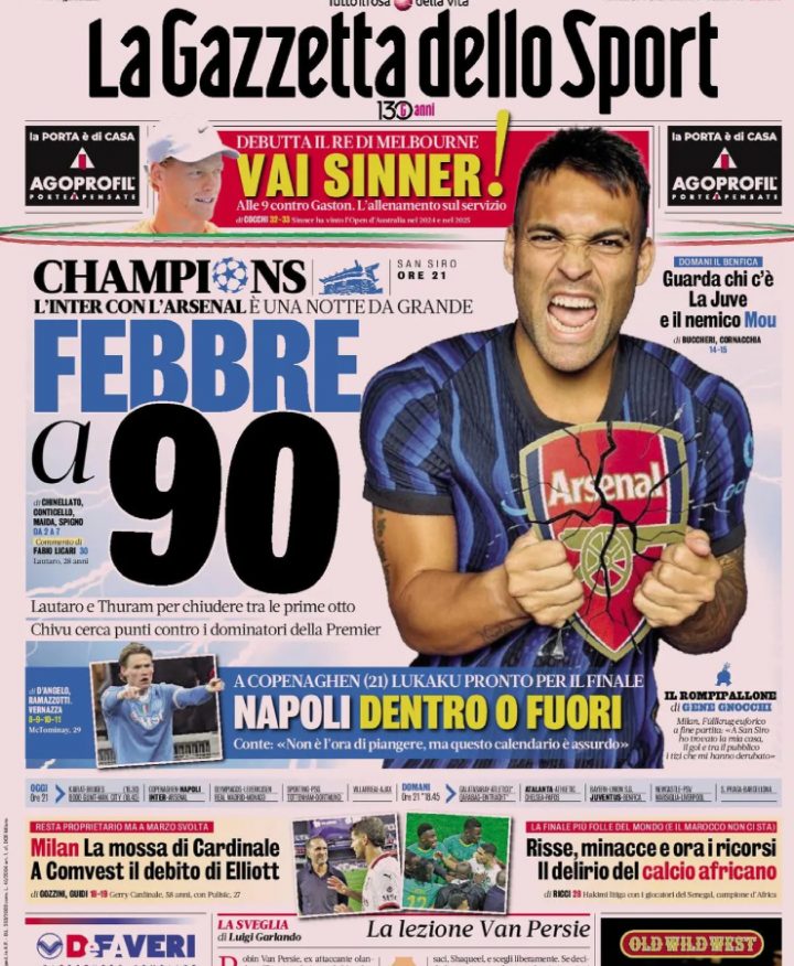 La prima pagina de La Gazzetta dello Sport, 20 gennaio 2026