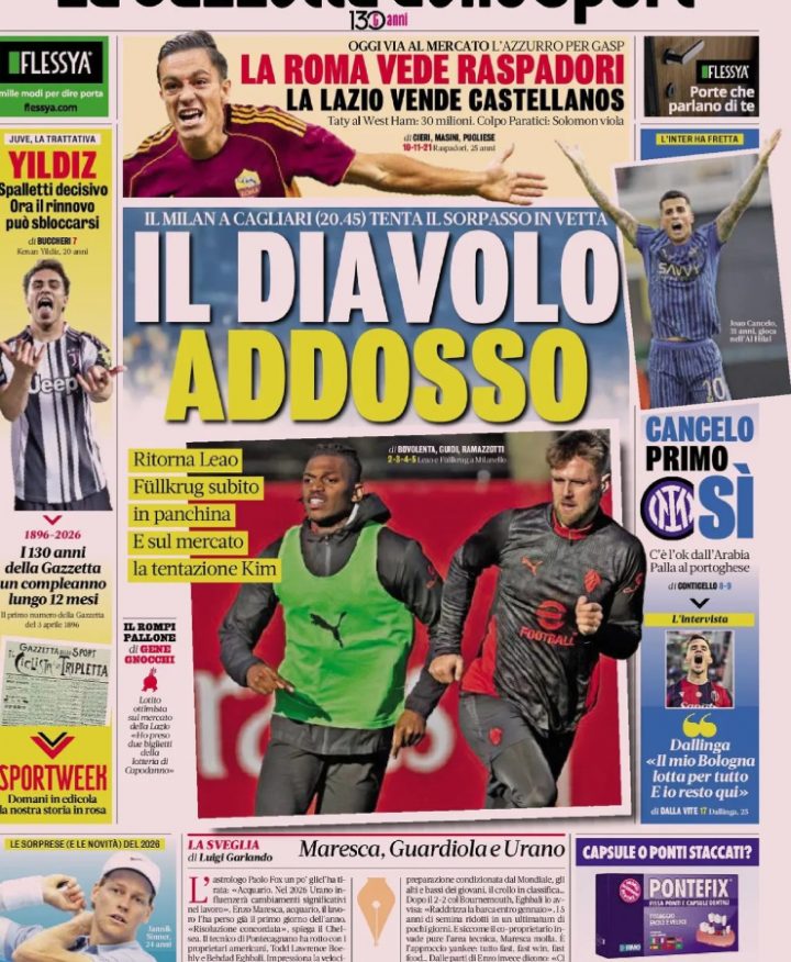 La prima pagina de La Gazzetta dello Sport di venerdì 2 gennaio