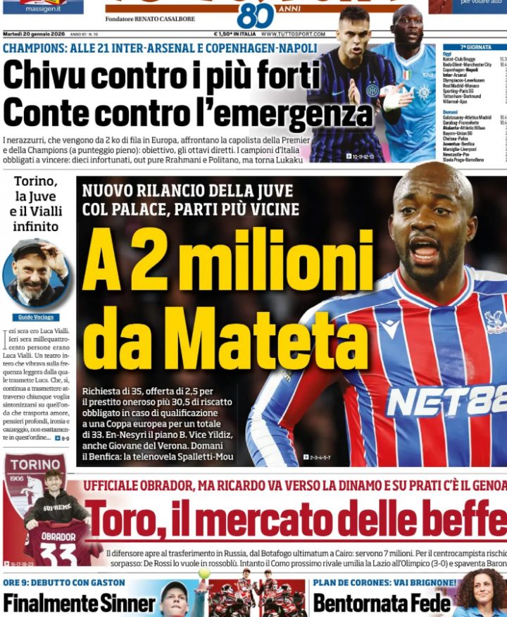 La prima pagina di Tuttosport, 20 gennaio 2026