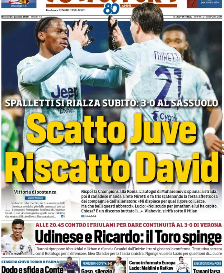 La prima pagina di Tuttosport del 7 gennaio 2026