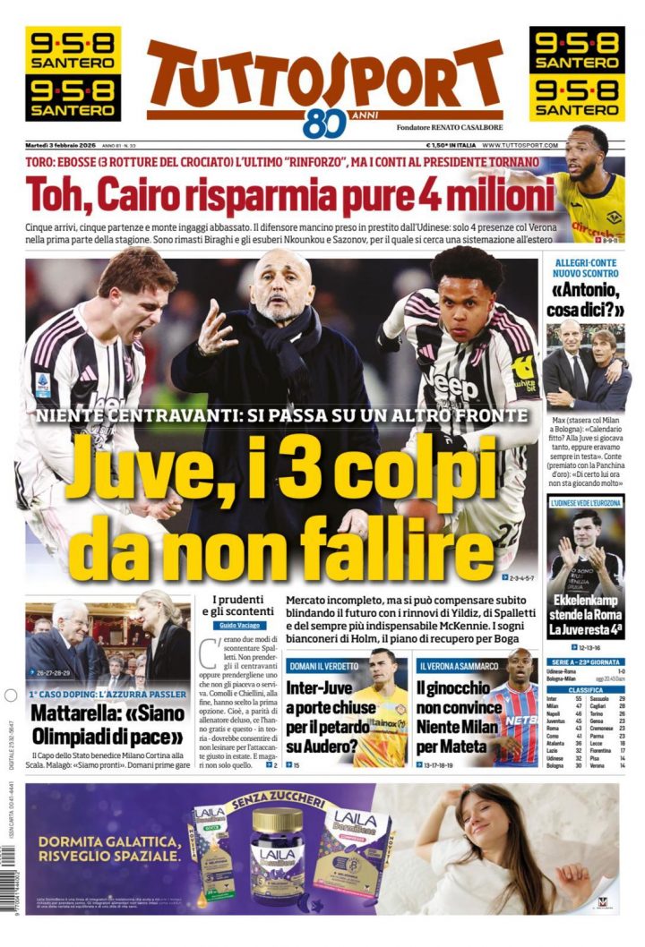 Tuttosport, martedì 3 febbraio