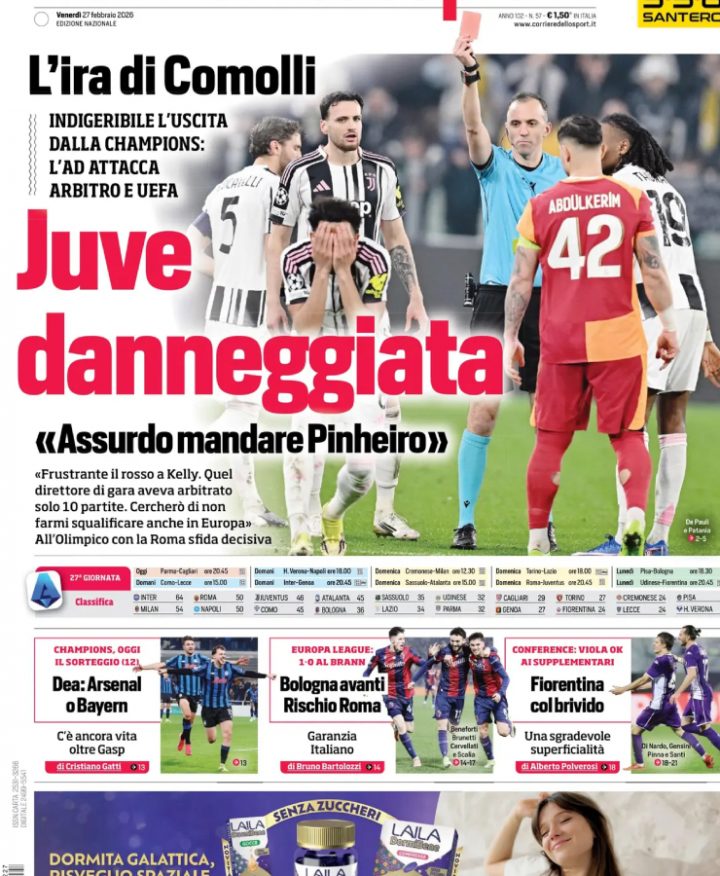 La prima pagina del Corriere dello Sport del 27 febbraio
