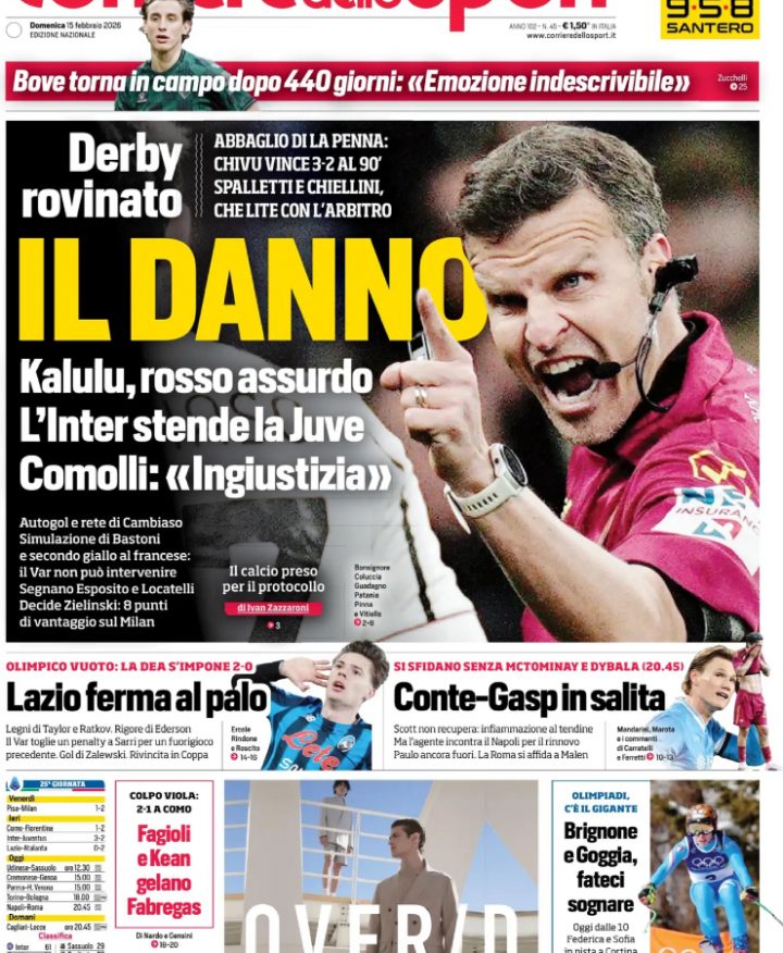 La prima pagina del Corriere dello Sport del 15 febbraio 2026
