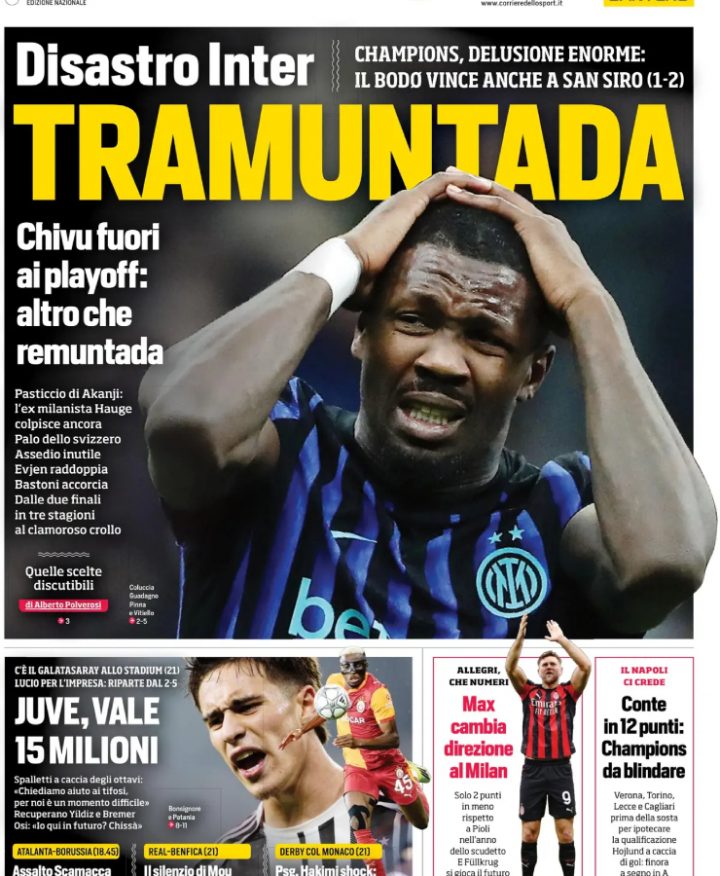 La prima pagina del Corriere dello Sport di mercoledì 25 febbraio 2026