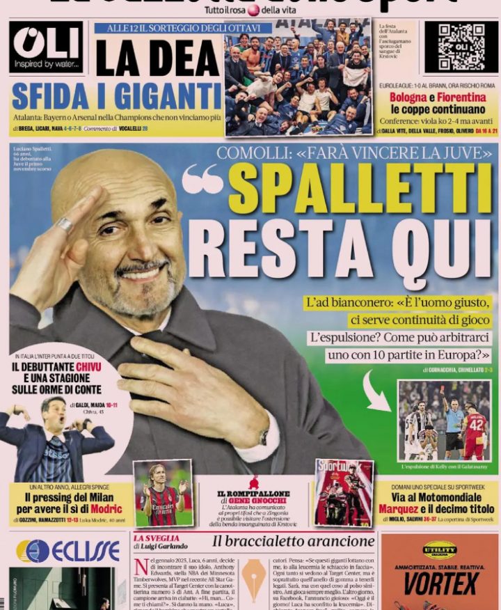La prima pagina de La Gazzetta dello Sport del 27 febbraio