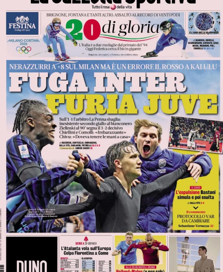 La prima pagina de La Gazzetta dello Sport del 15 febbraio 2026