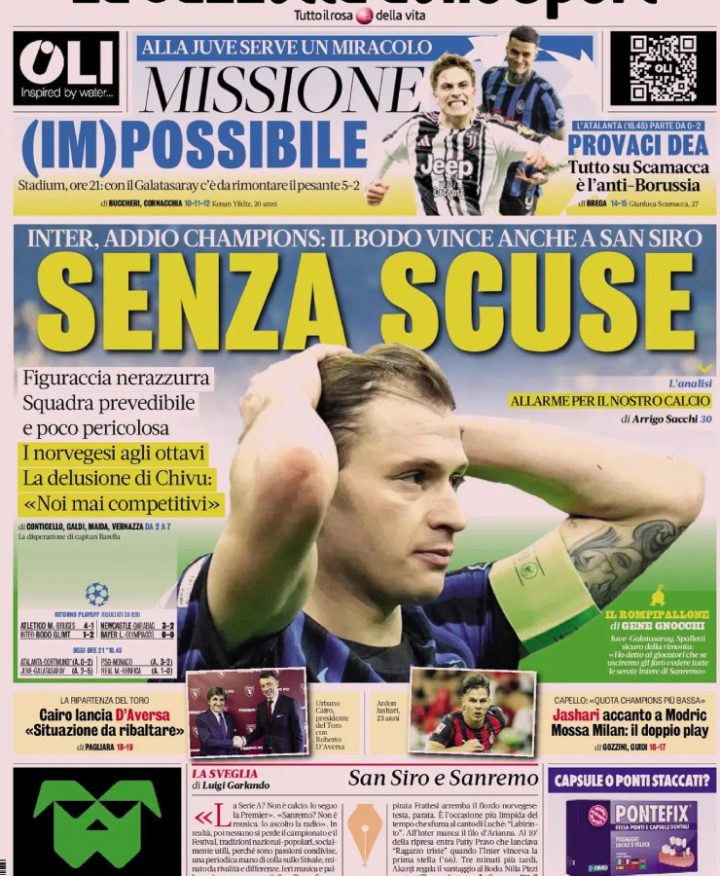 La prima pagina de La Gazzetta dello Sport di mercoledì 25 febbraio 2026