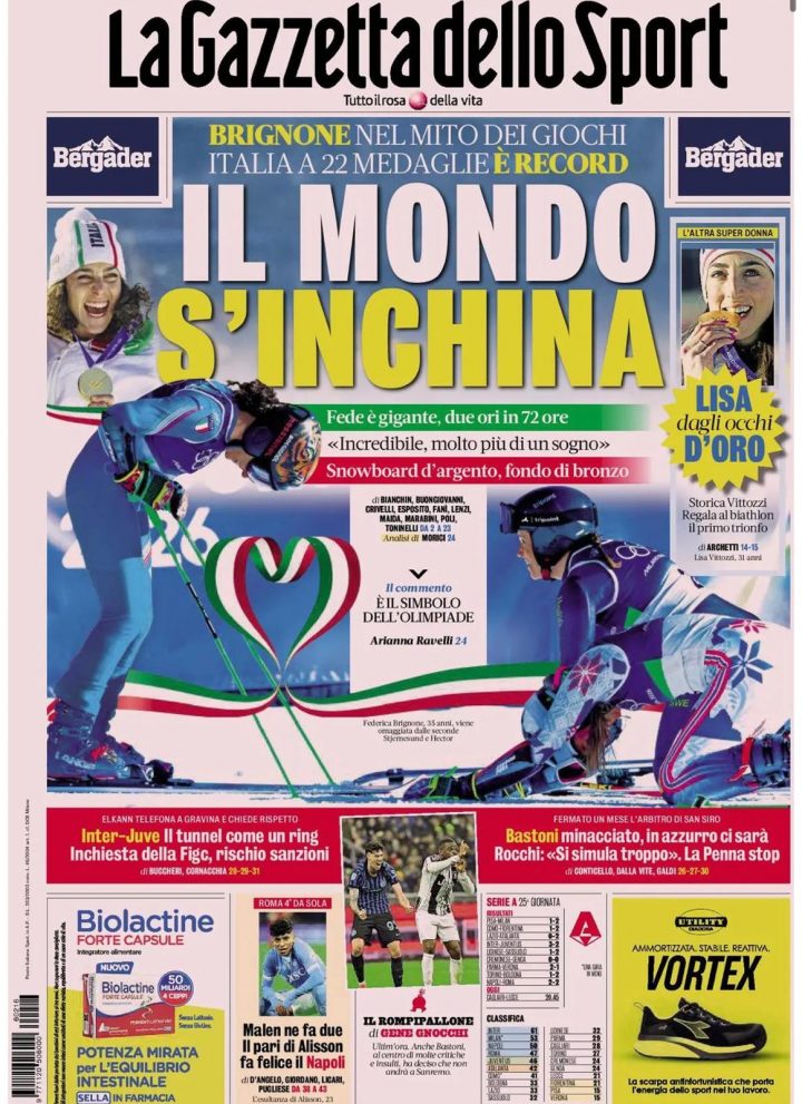 La Gazzetta dello Sport, lunedì 16 febbraio 2026
